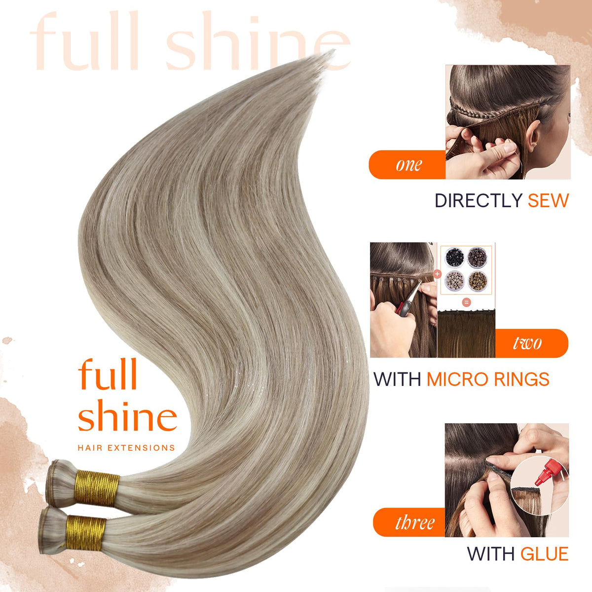 Présentation des extensions de cheveux Full Shine en différents coloris