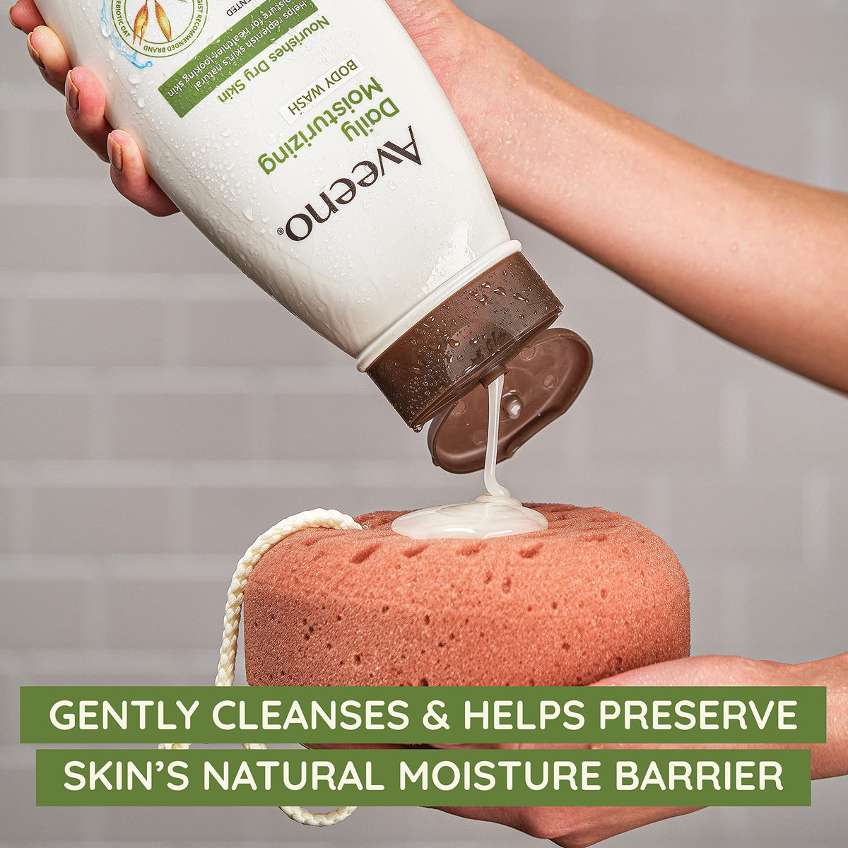 Présentation du gel douche Aveeno avec texture crémeuse