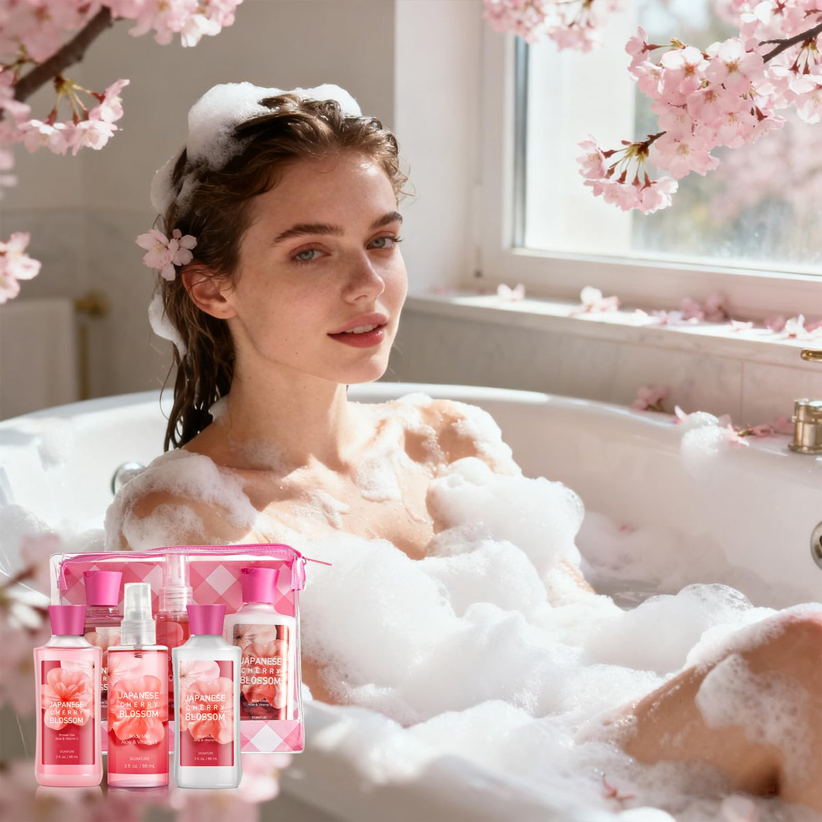 Présentation du set de bain Cerisier Japonais avec packaging