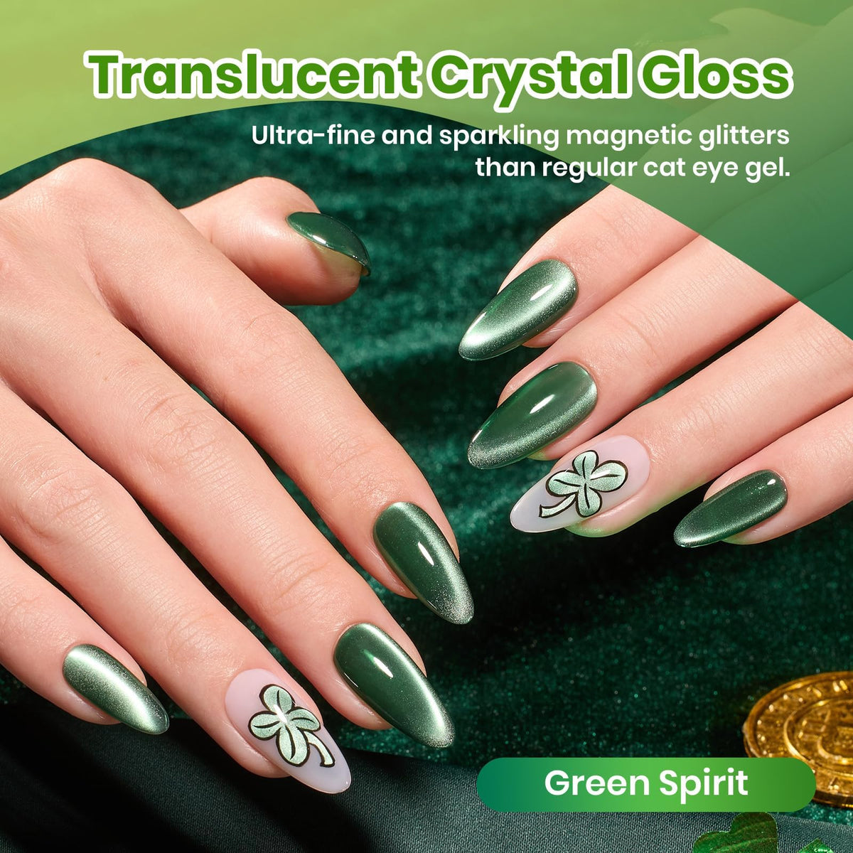 Présentation du set de vernis gel Cat Eye vert avec emballage