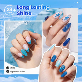 Prise de vue du set de vernis gel bleu avec ses teintes variées