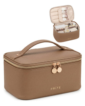 Prite Trousse de Maquillage Voyage vue de face en cuir vegan marron