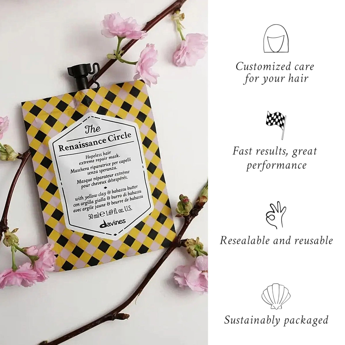 Produit Davines avec ingrédients naturels en arrière-plan
