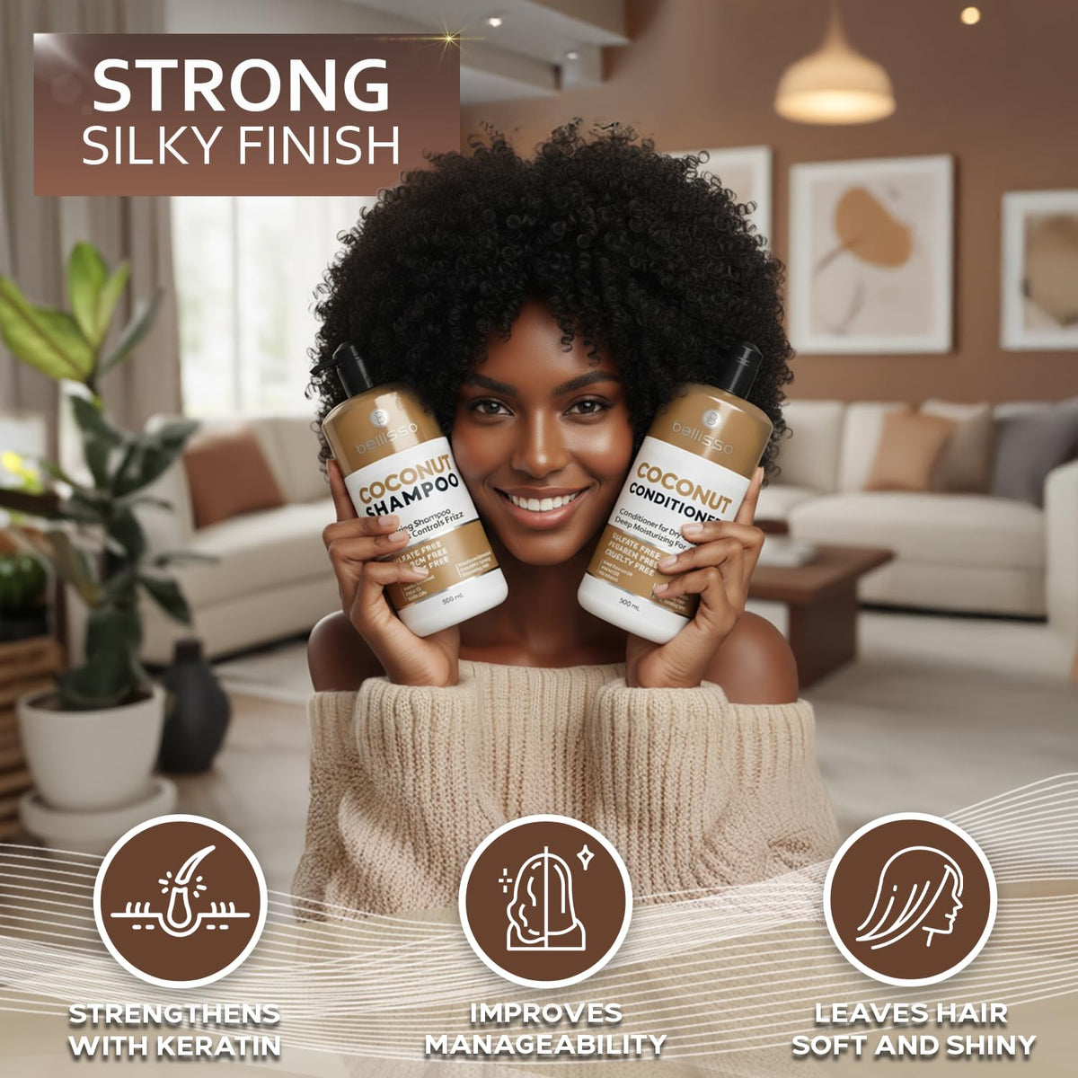 Produits capillaires BELLISSO sur fond neutre