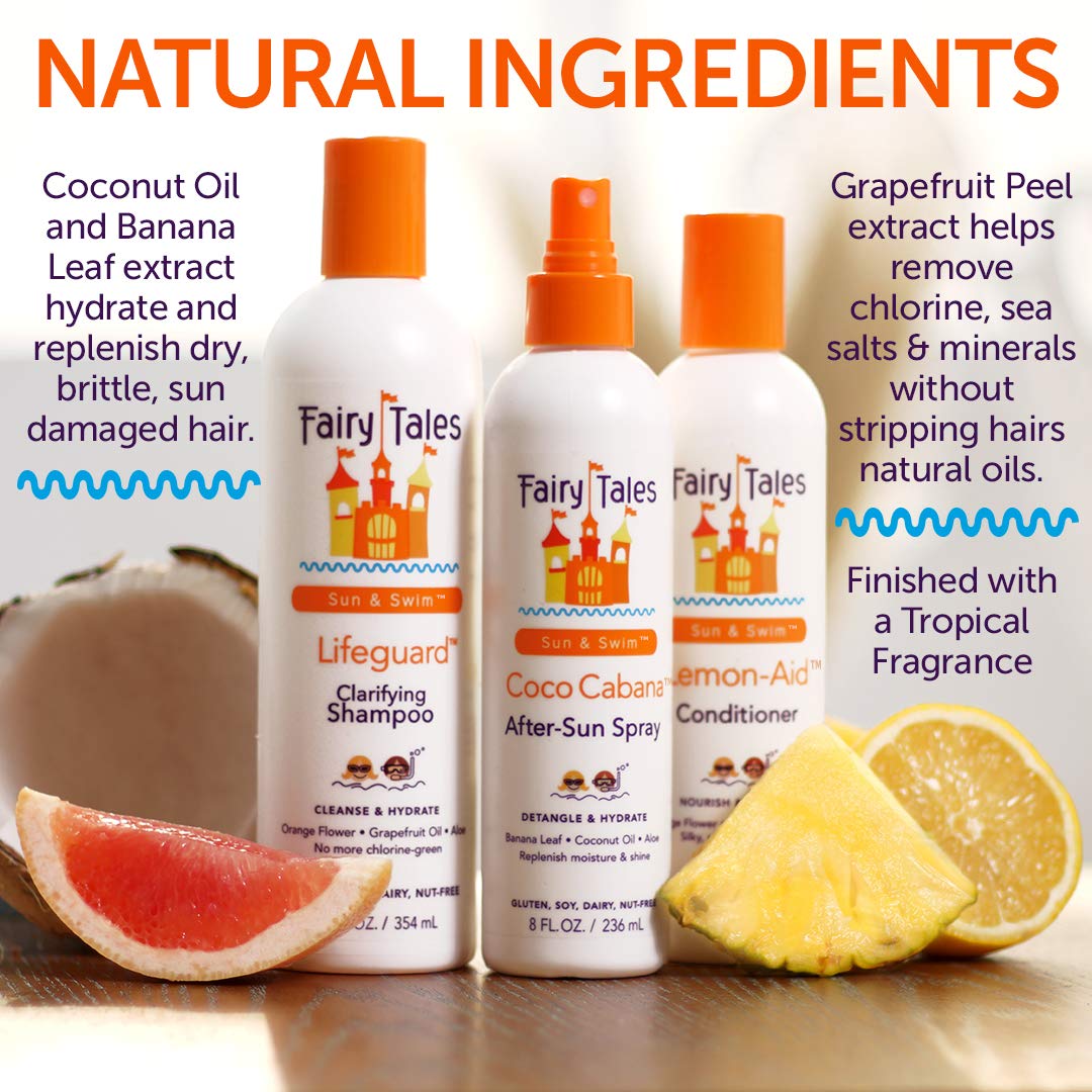 Produits capillaires Fairy Tales sur un fond de plage ensoleillée