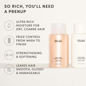 Produits de soin capillaire OUAI Épais sur un fond blanc