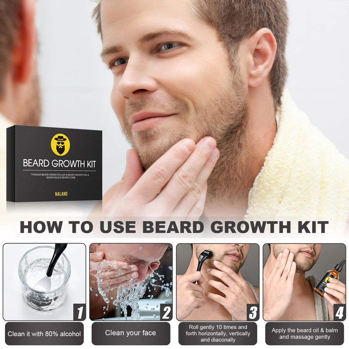 Produits de soin de barbe Naland sur une surface en bois