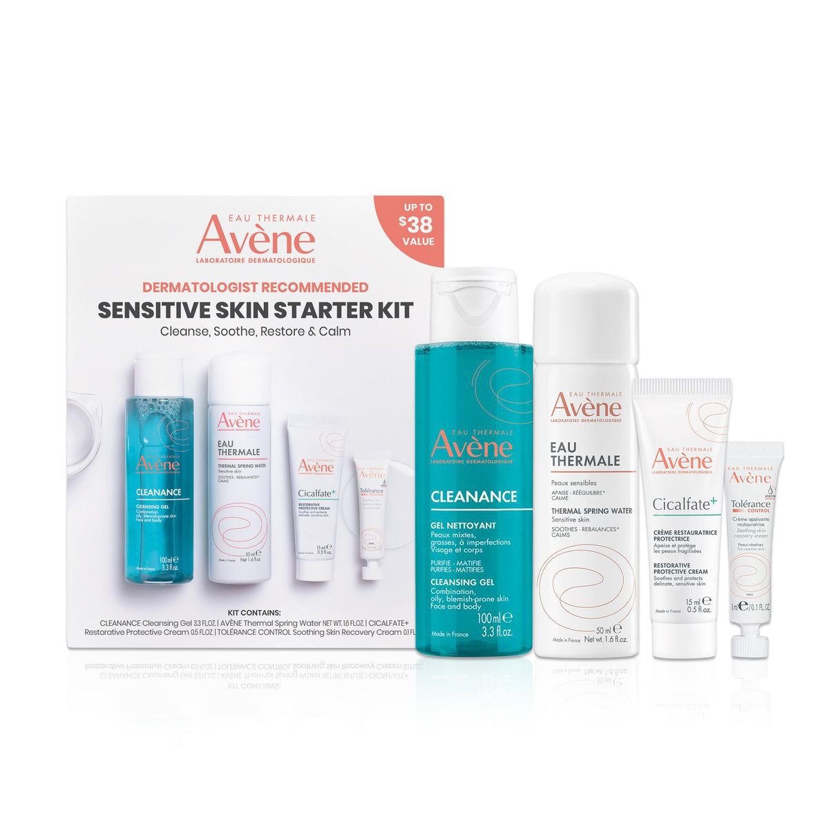 Produits du Kit de soins pour peau sensible d'Eau Thermale Avène, présentation
