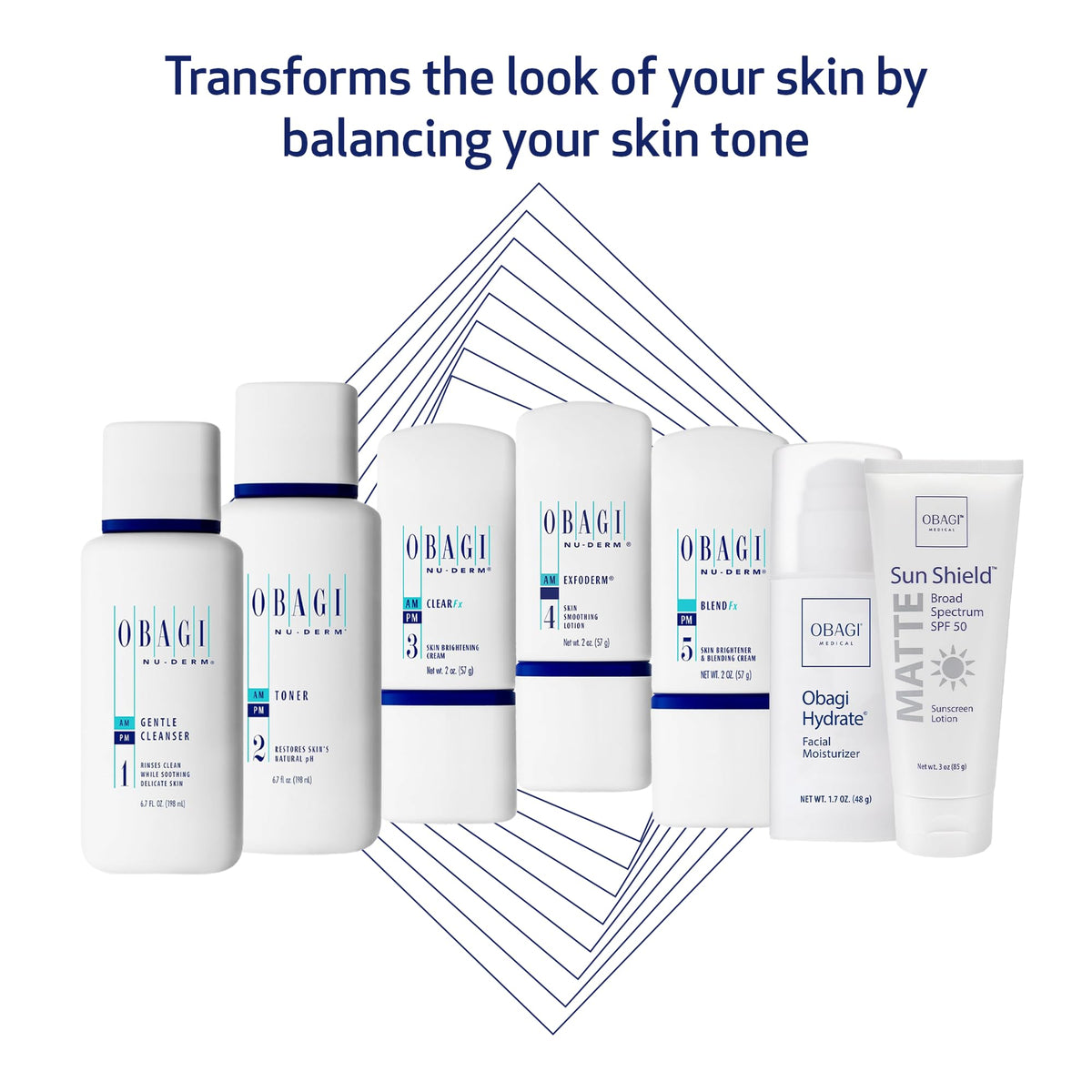 Produits Obagi Medical NuDerm Fx alignés sur une surface blanche