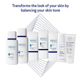 Produits Obagi Medical NuDerm Fx alignés sur une surface blanche