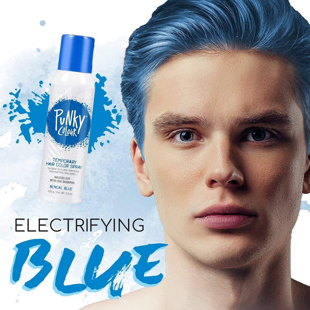 Punky Spray de Couleur Temporaire Bengal Blue à côté d'un miroir