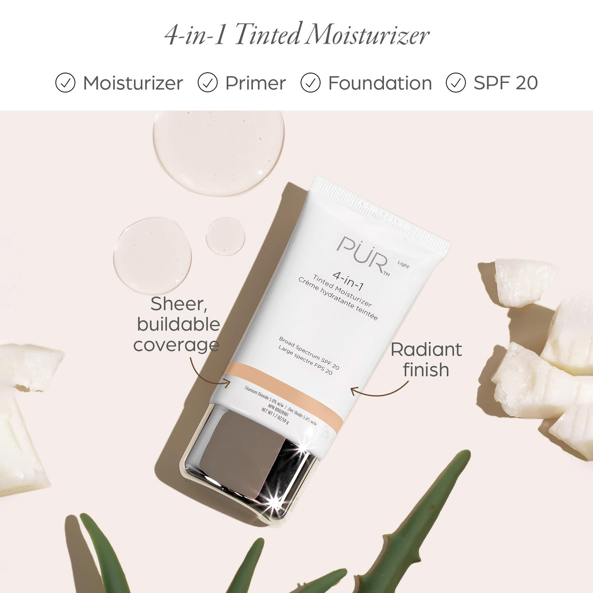 PÜR MINERALS 4-en-1 Crème Hydratante Teintée SPF 20, Clair tube ouvert