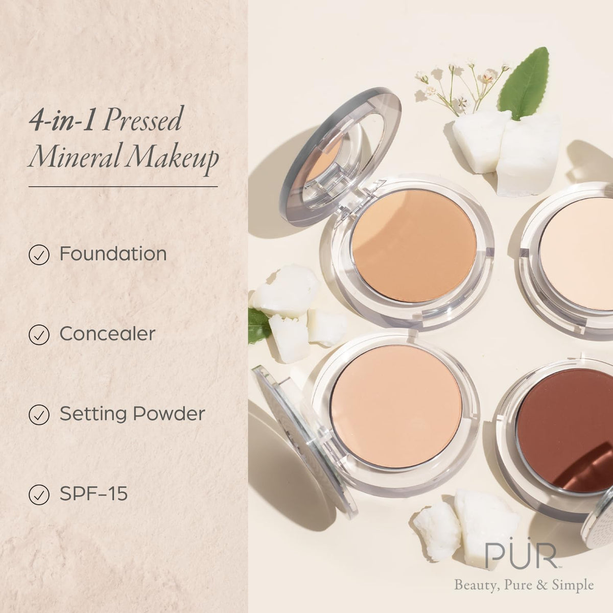 PÜR MINERALS Fond de Teint Minéral Pressé 4-en-1, texture poudre