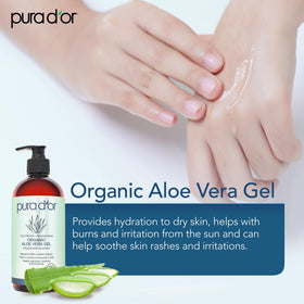PURA D'OR Gel d'Aloe Vera Bio 16 Oz ouvert avec cuillère