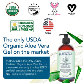 PURA D'OR Gel d'Aloe Vera Bio 16 Oz vue arrière avec ingrédients