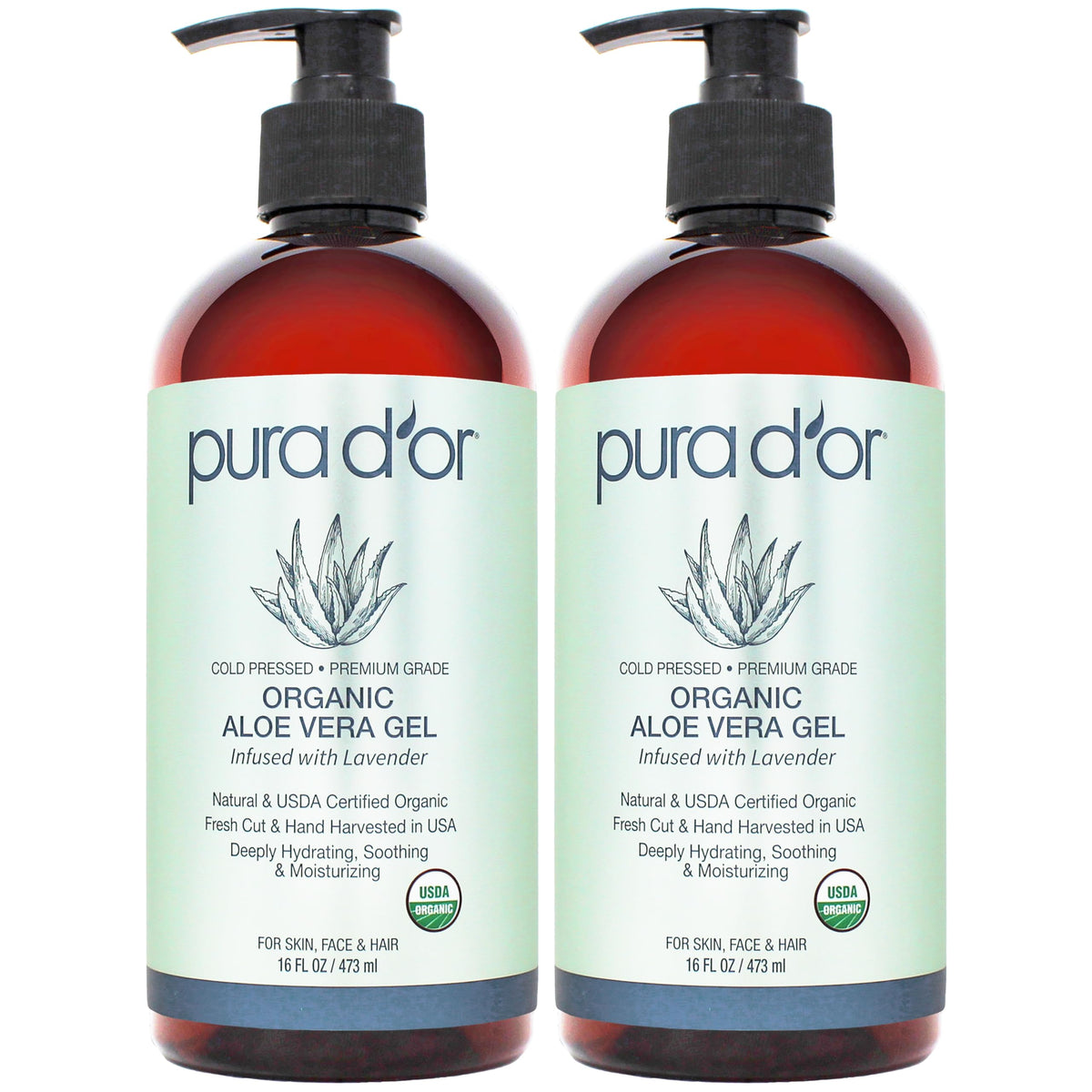 PURA D'OR Gel d'Aloe Vera Bio 16 Oz vue avant avec étiquette