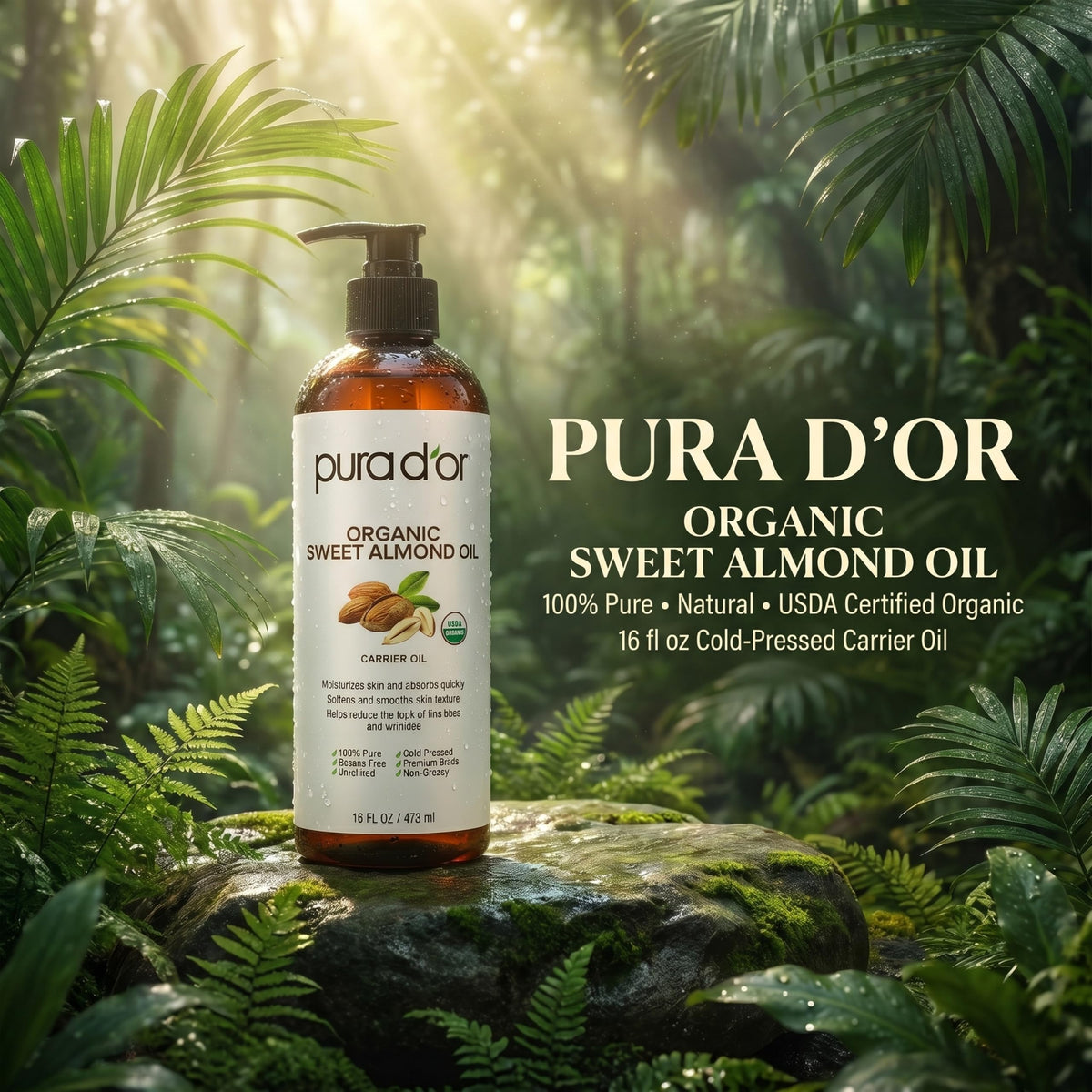 PURA D'OR Huile d'Amande Douce Bio 16 Oz - étiquette
