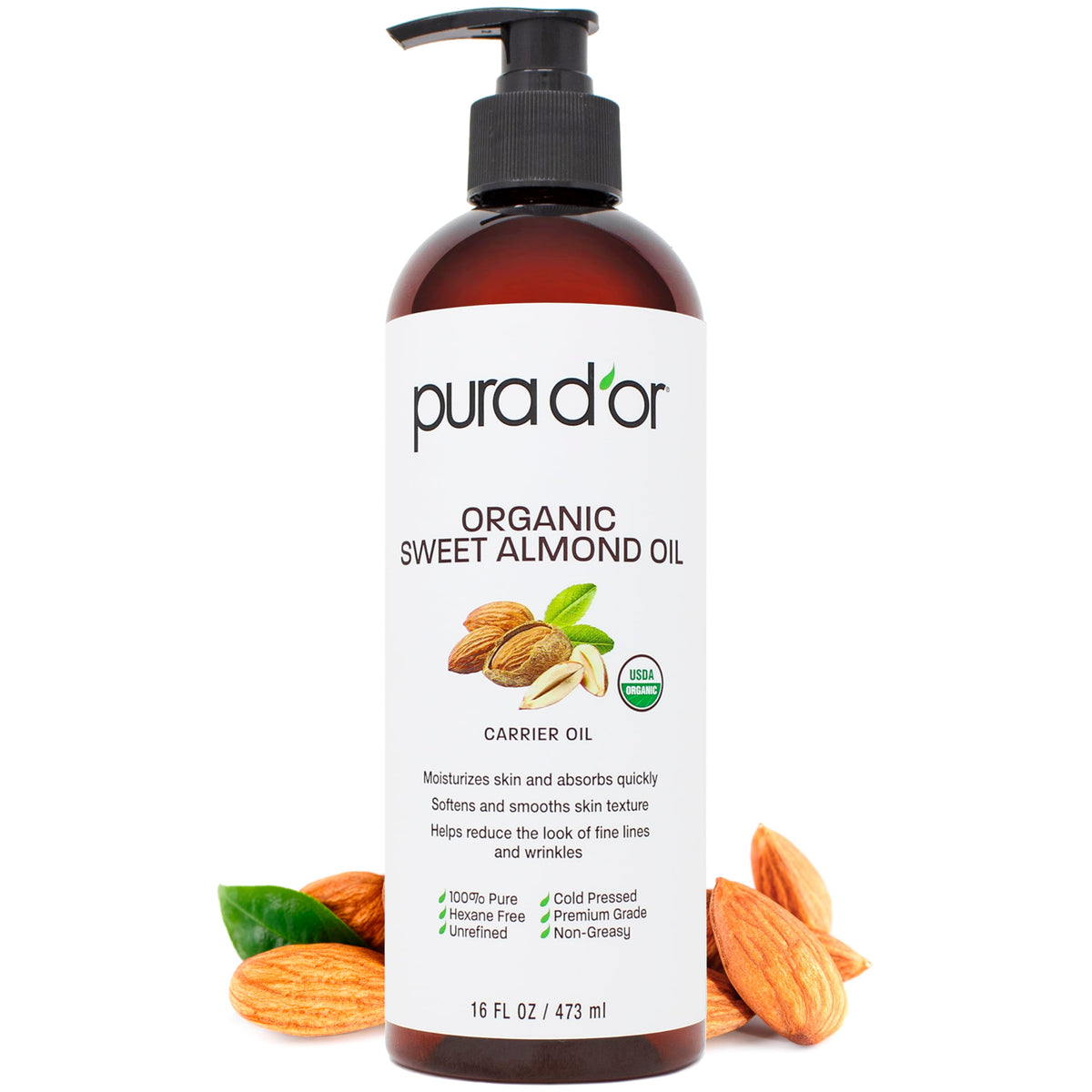 PURA D'OR Huile d'Amande Douce Bio 16 Oz - vue avant