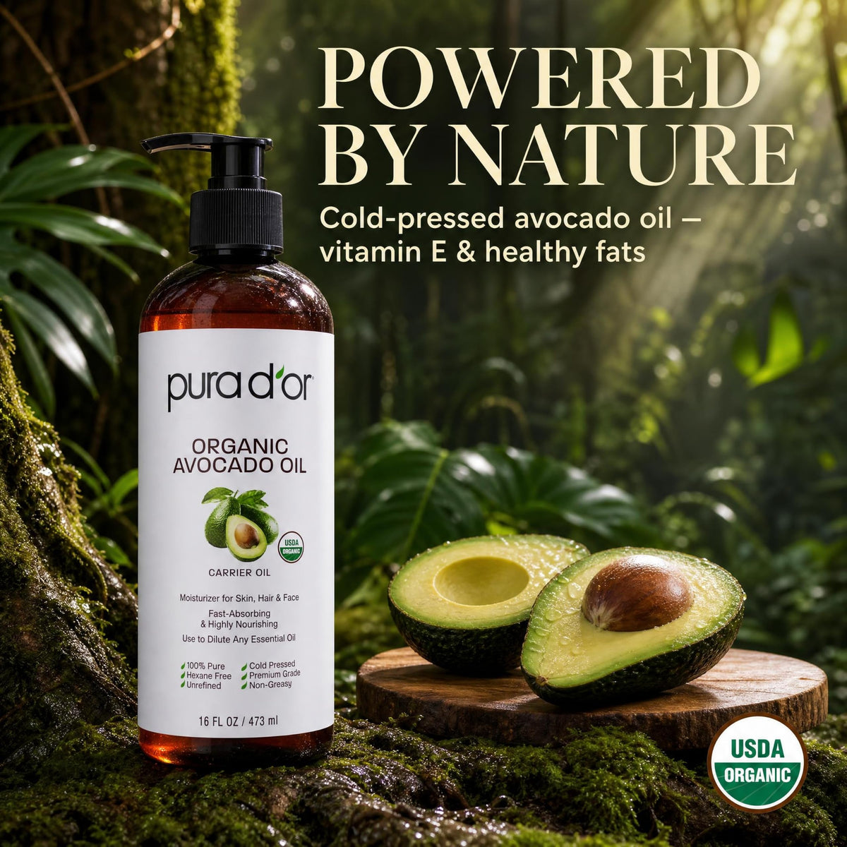 PURA D'OR Huile d'Avocat Bio 16oz en ambiance sur une table