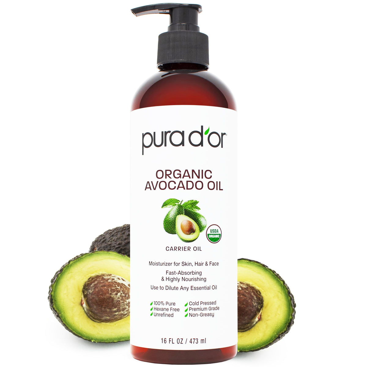 PURA D'OR Huile d'Avocat Bio 16oz vue avant avec étiquette