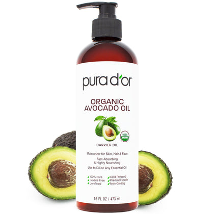 PURA D'OR Huile d'Avocat Bio 16oz vue avant avec étiquette