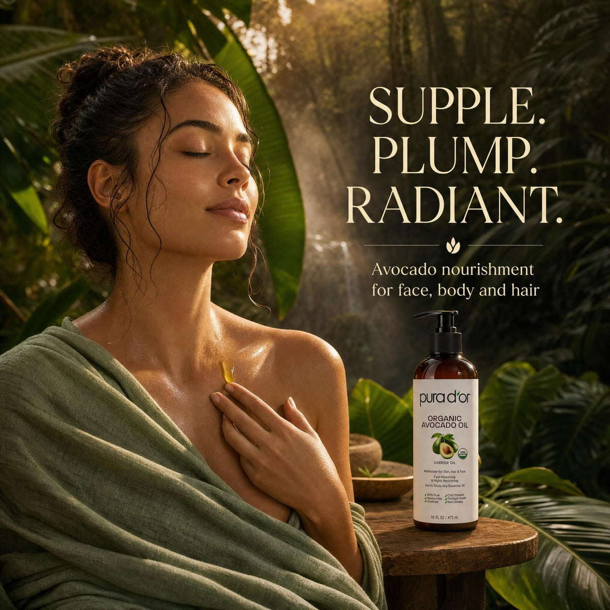 PURA D'OR Huile d'Avocat Bio application sur la peau