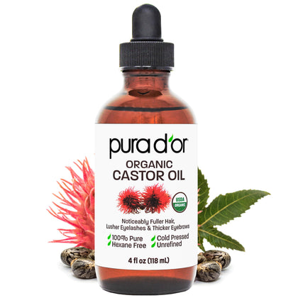 PURA D'OR Huile de Ricin Bio 4oz vue avant avec étiquette