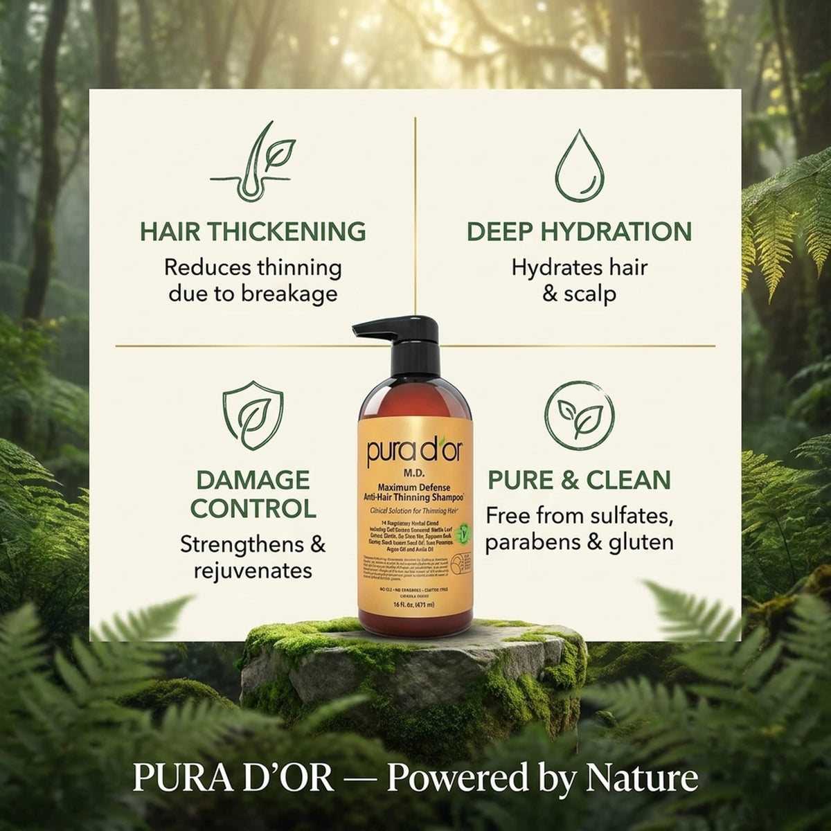 PURA D'OR Shampoo Anti-Chute 0,5% Charbon Actif avec des ingrédients naturels