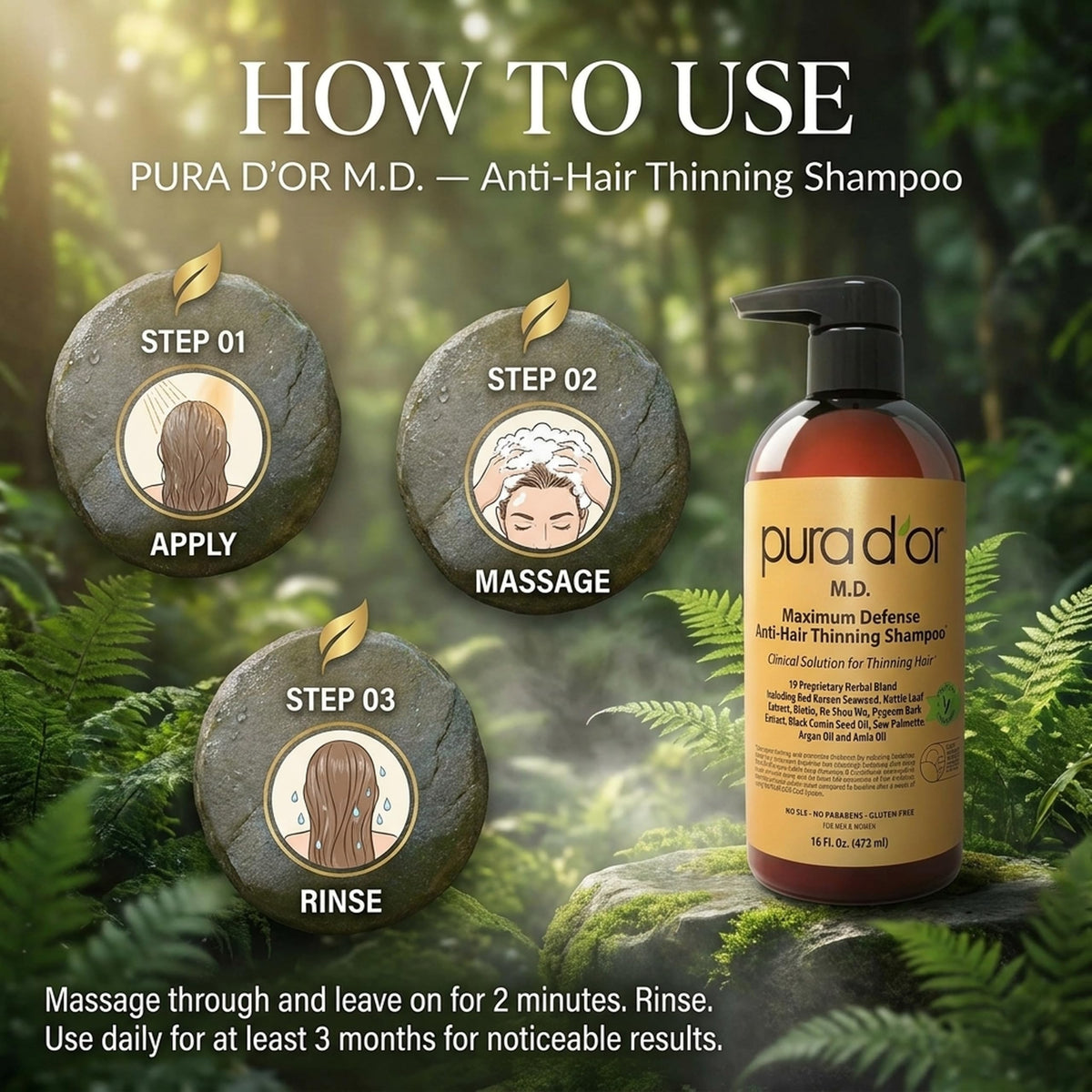 PURA D'OR Shampoo Anti-Chute 0,5% Charbon Actif en utilisation sur des cheveux mouillés