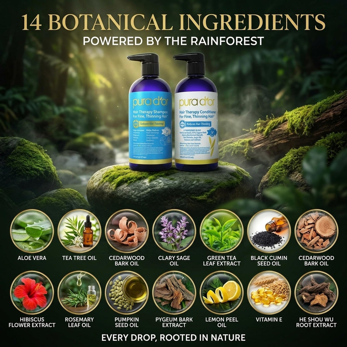 PURA D'OR Shampooing Biotin avec ingrédients naturels en arrière-plan