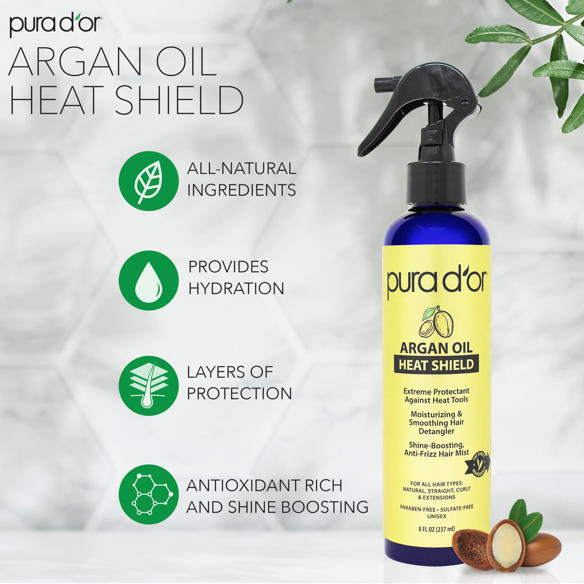 PURA D'OR Spray Protecteur Thermique à l'Huile d'Argan avec pulvérisateur