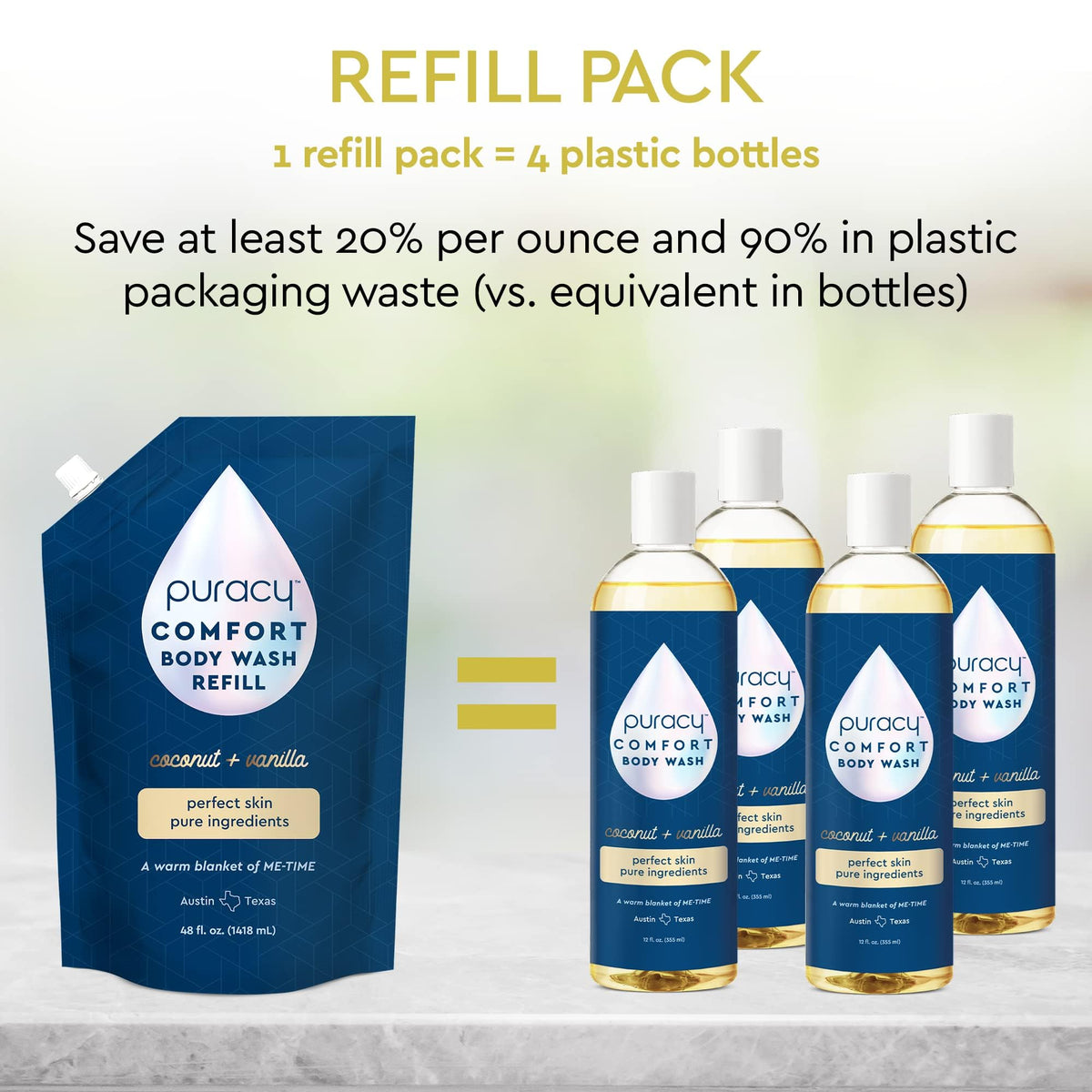 Puracy gel douche 355 ml sur une surface en bois avec des gouttes d'eau
