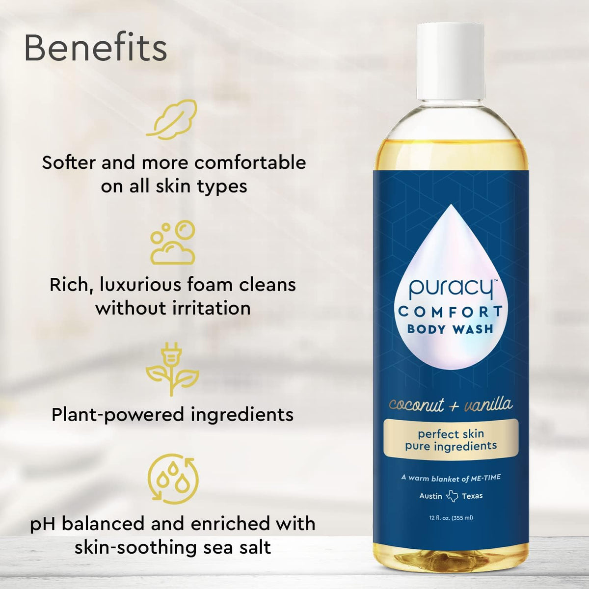 Puracy gel douche 355 ml vue arrière avec ingrédients listés