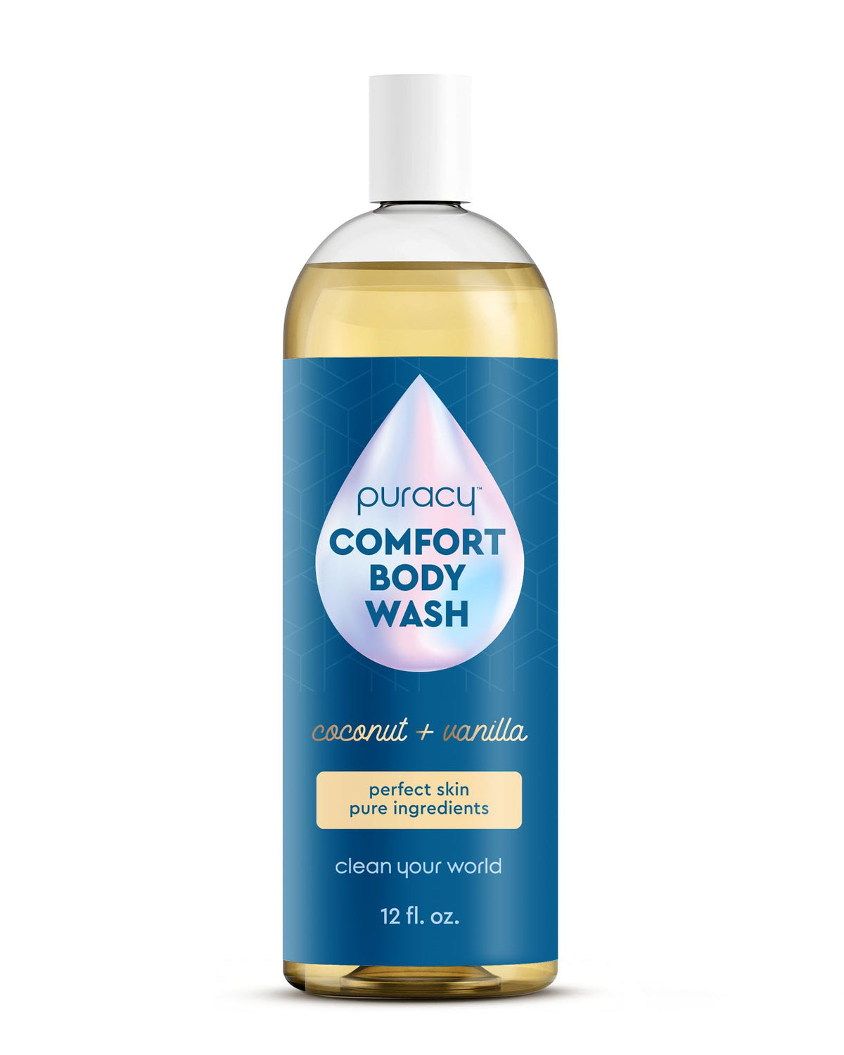 Puracy gel douche 355 ml vue avant avec étiquette en noix de coco et vanille