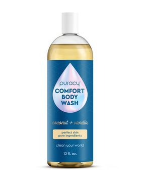 Puracy gel douche 355 ml vue avant avec étiquette en noix de coco et vanille