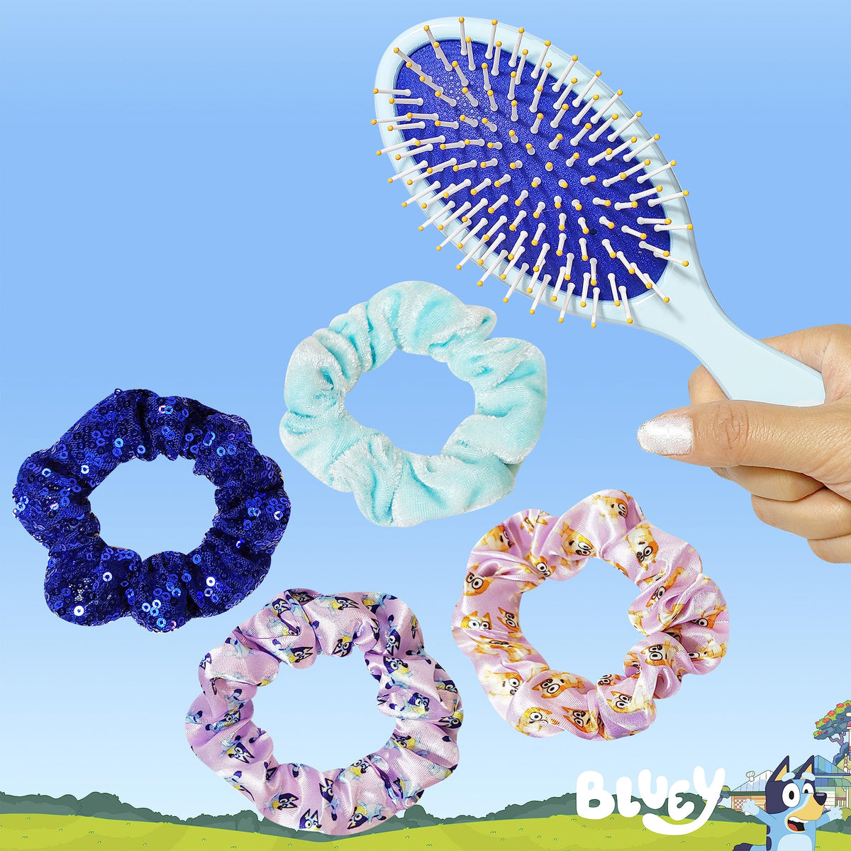Quatre chouchous en soie de différentes couleurs du set Bluey
