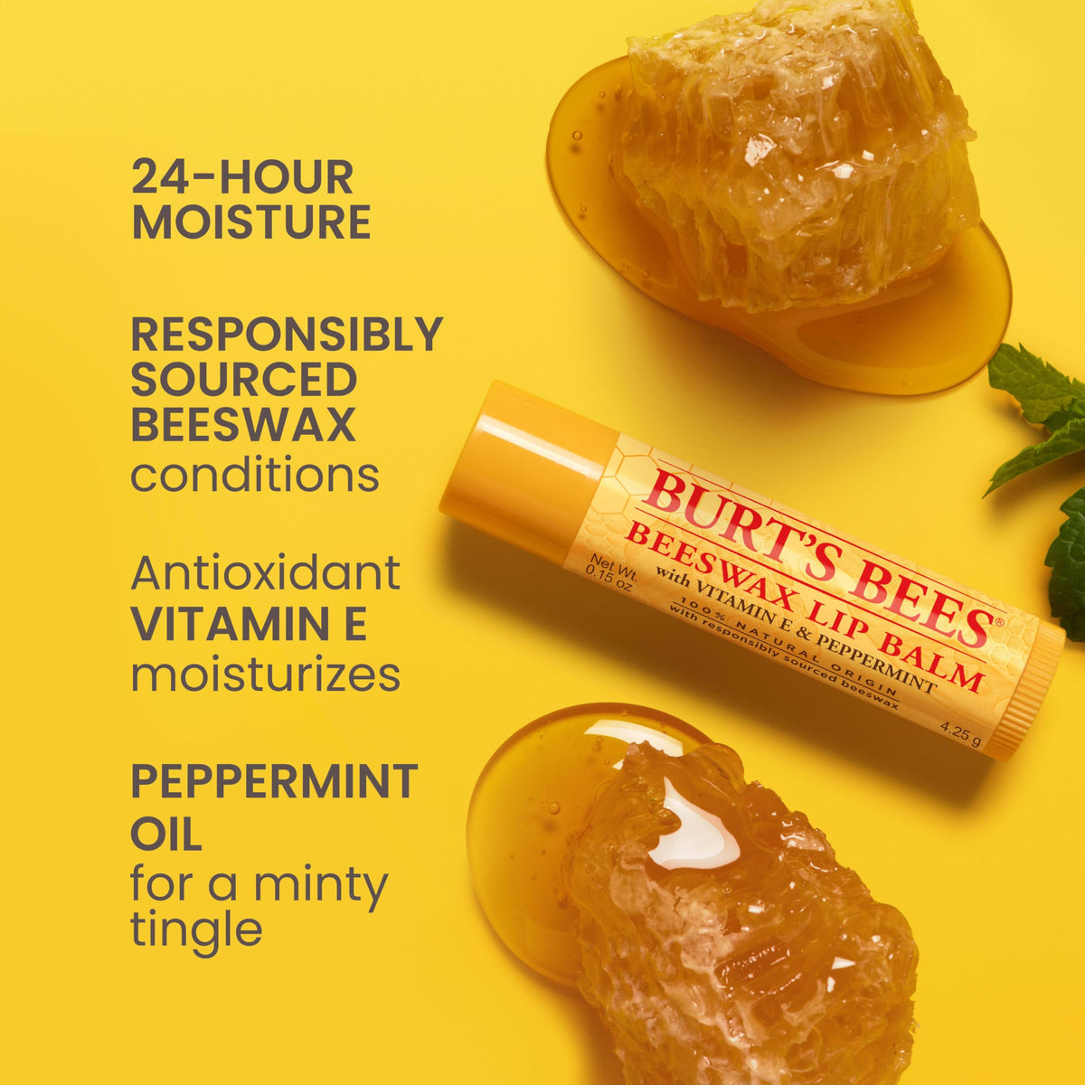 Quatre tubes de baume à lèvres Burt's Bees, vue de face