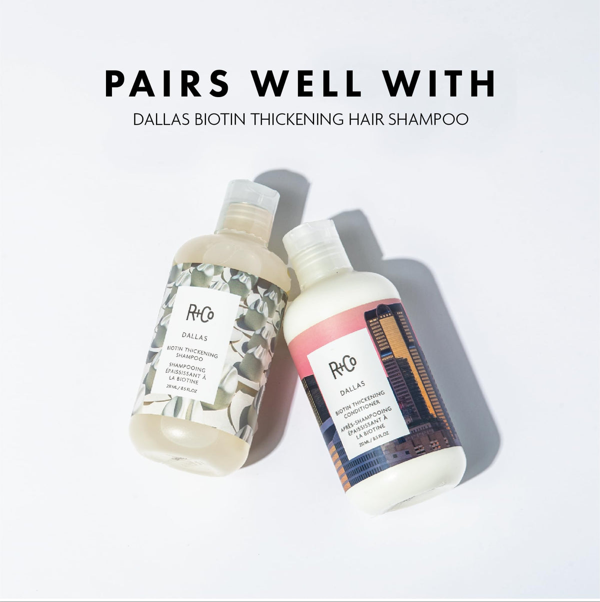 R+Co Après-shampoing Épaississant Biotin Dallas 8,5 Oz, application sur cheveux