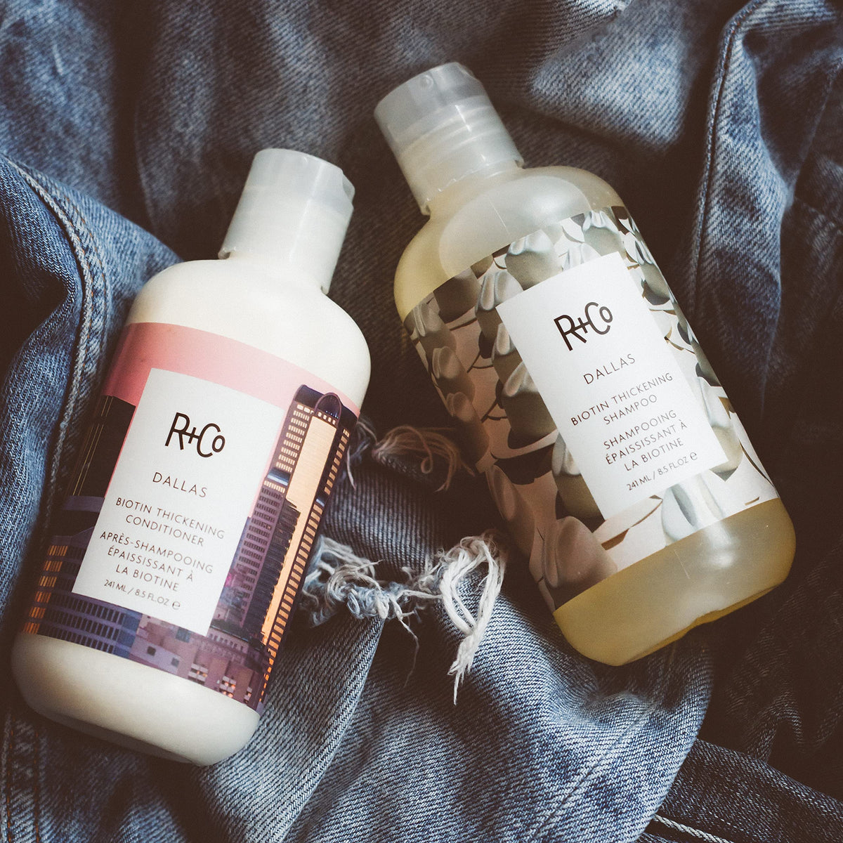 R+Co Dallas Shampoo et Après-Shampooing 14 ml avec étiquettes
