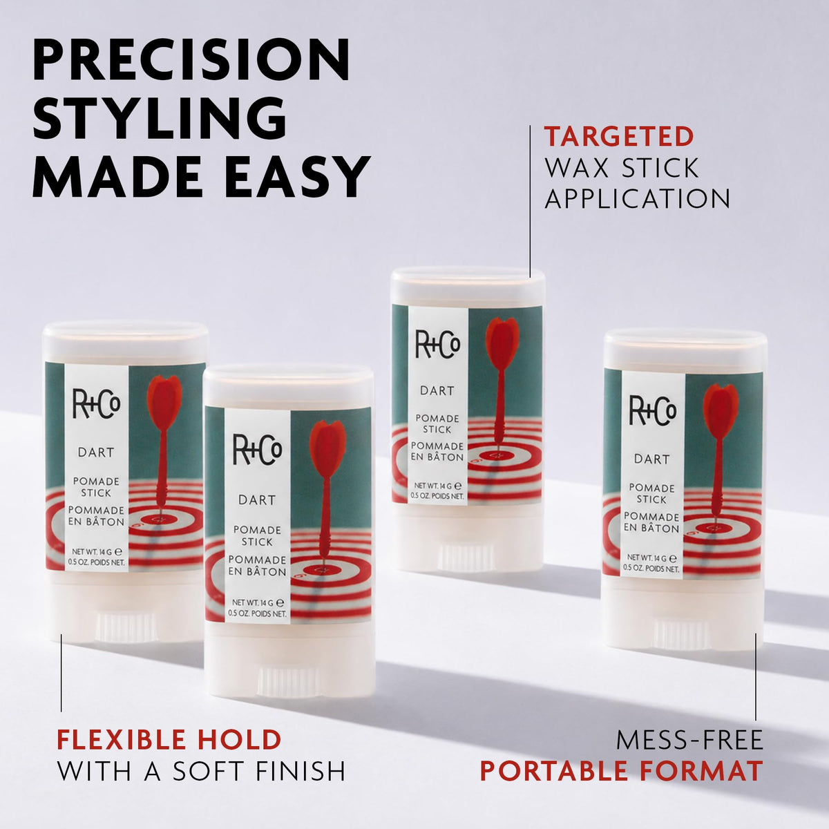 R+Co Dart Pomade Stick 0,5 oz application sur les mèches
