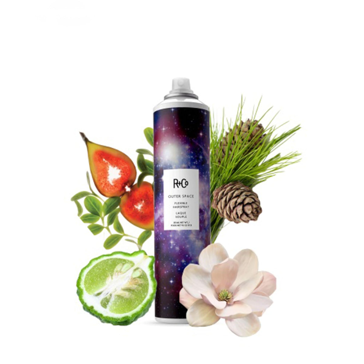 R+Co Outer Space Laque Flexible 9,5oz à côté de produits capillaires