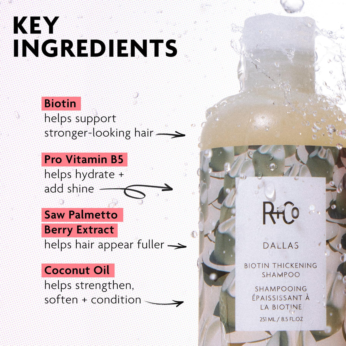 R+Co Shampoo Épaississant Dallas 290g en situation sur un meuble de salle de bain