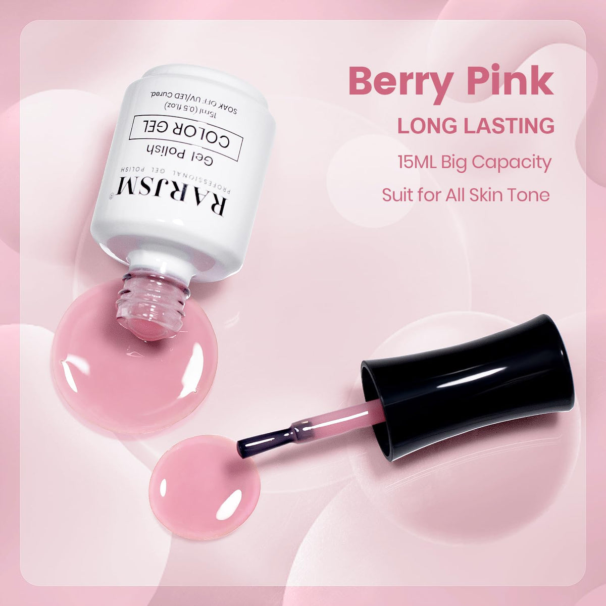 RARJSM vernis gel nude berry pink 15ml, échantillon sur un fond blanc