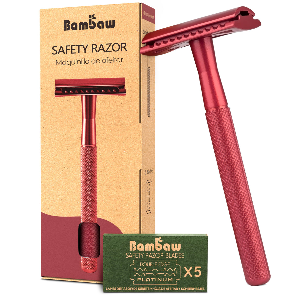 Rasoir de sécurité Bambaw rouge vue de face avec lames en acier