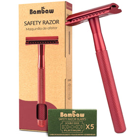 Rasoir de sécurité Bambaw rouge vue de face avec lames en acier