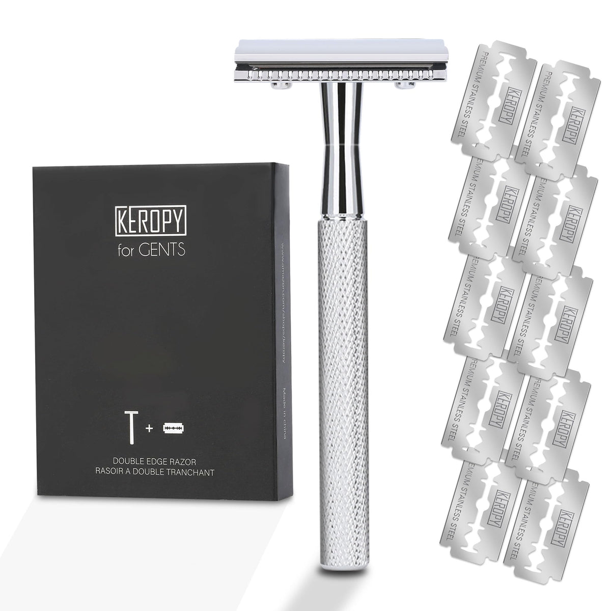 Rasoir de sécurité Keropy à lame unique vue de face avec finition brillante