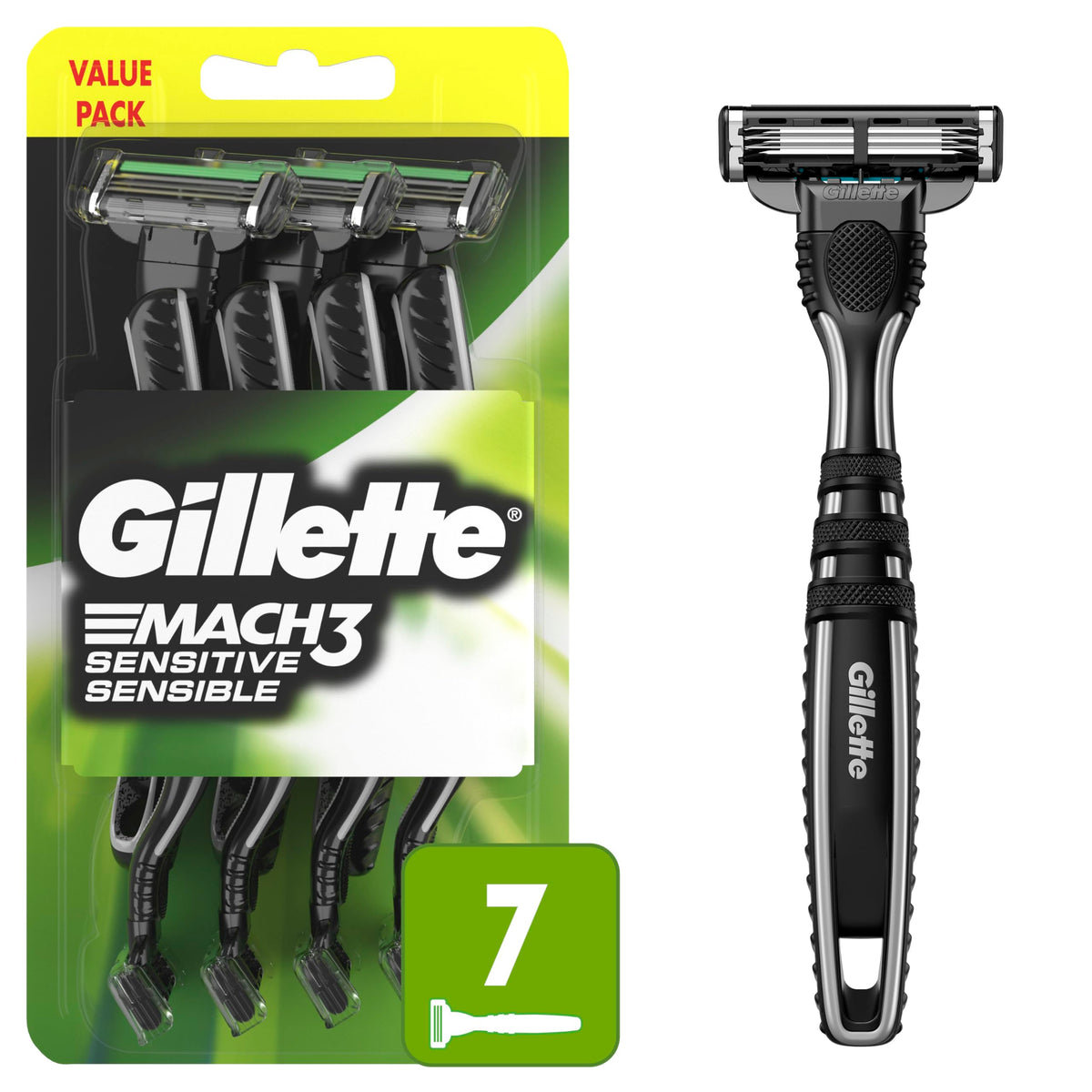 Rasoir jetable Gillette Mach3 Sensitive vue avant avec 3 lames