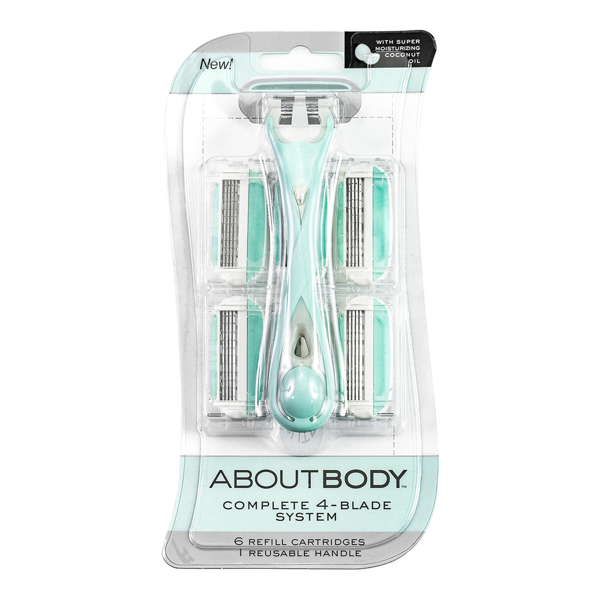 Rasoir réutilisable About Face 4 lames vue avant avec tampons hydratants