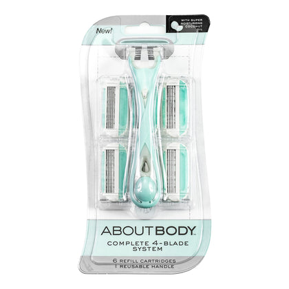 Rasoir réutilisable About Face 4 lames vue avant avec tampons hydratants