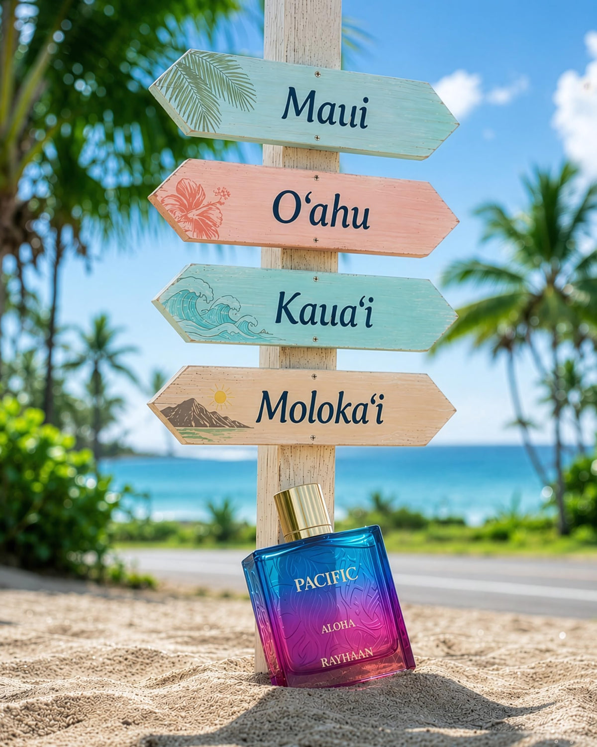 RAYHAAN Pacific Aloha Eau de Parfum 100 ml dans un cadre de plage